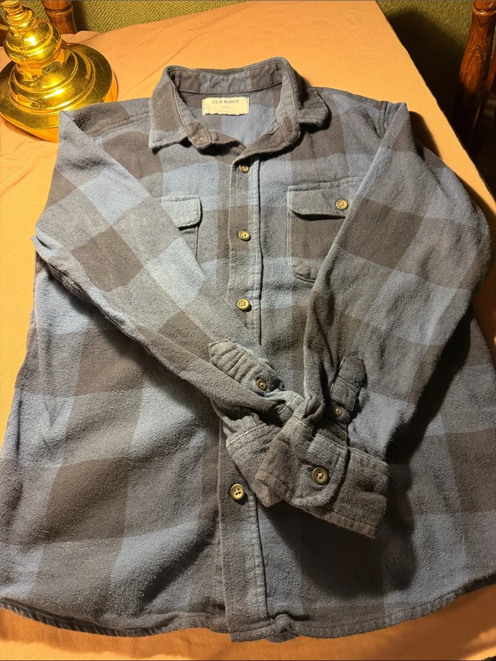 Old Navy Men's Blue and Gray Plaid Button-Down Shirt